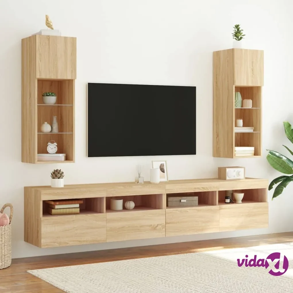 Parete da soggiorno con base porta TV e vetrina pensile, cm 185 x 42 x 195,  colore Bianco e Rovere