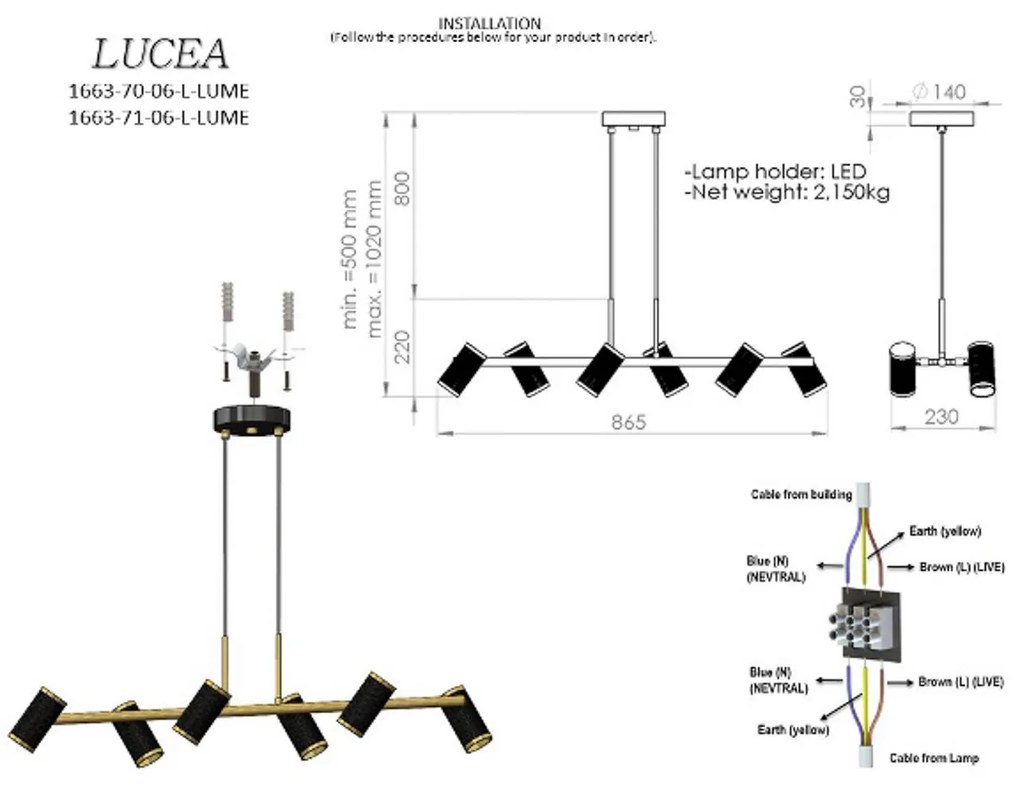 Lucea Lampada a sospensione Lumen nero/oro antico lunghezza 86 cm a 6 luci in metallo