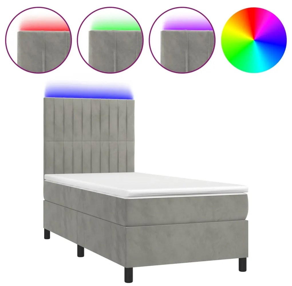 Letto a Molle Materasso e LED Grigio Chiaro 80x200 cm Velluto