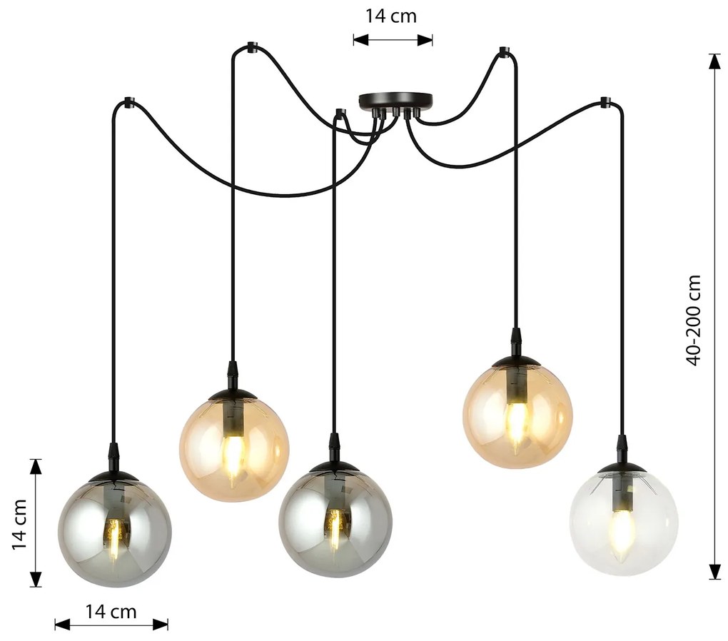 Lampadario 5 Luci Ginevra In Acciaio Nero Con Cavo Lungo E Vetri Multicolor