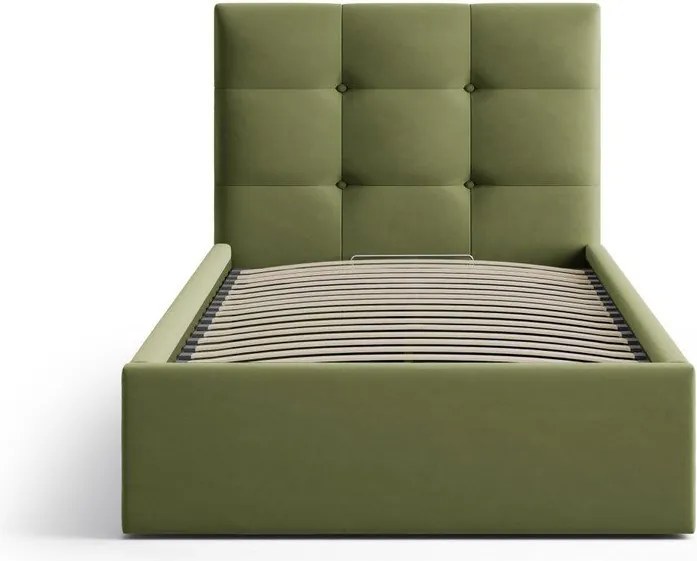 Letto singolo imbottito verde con contenitore con rete inclusa 90x200 cm Phaedra – Micadoni