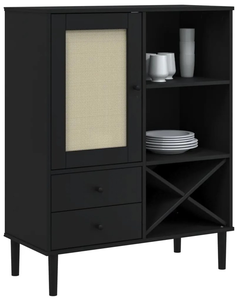 Credenza SENJA Aspetto Rattan Nero 90x40x112 cm Massello Pino