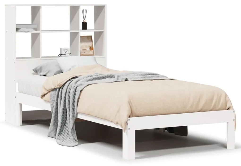 Letto libreria senza materasso bianco 90x190 cm massello pino