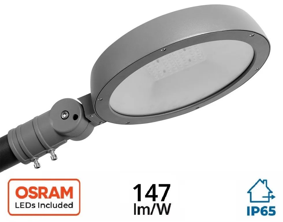 Lampione Stradale LED 40W, 147lm/W, IP65 Snodo Ø68mm - OSRAM LED Colore Bianco Caldo 3.000K