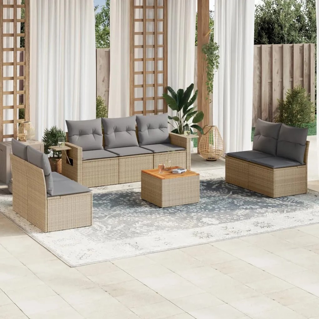 Set divano da giardino 8 pz con cuscini beige in polyrattan