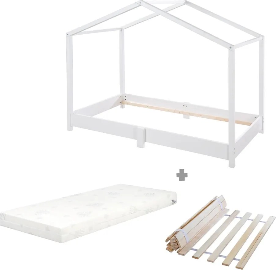Letto da bambini a forma di casa bianco in legno massiccio con materasso incluso e rete inclusa 70x140 cm Montessori – Roba