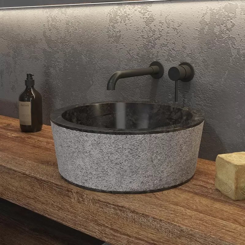 Lavabo bagno design rotondo in marmo nero 40cm | Litos-TN40 - KAMALU