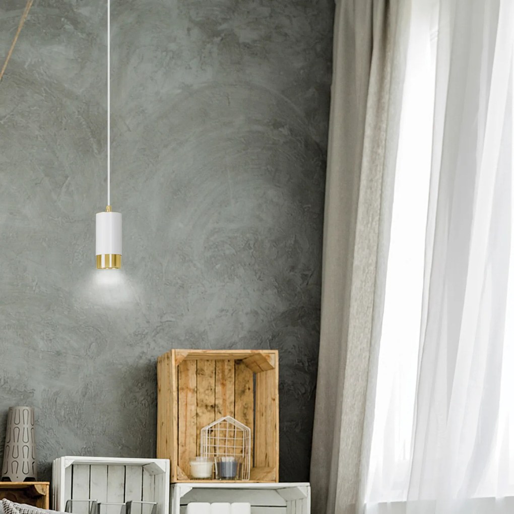 Sospensione Moderna 1 Luce Ivar A Cilindro In Acciaio Bianco E Oro