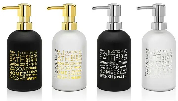 Set dosatore sapone liquido moderno in vetro colorato con stampe a contrasto