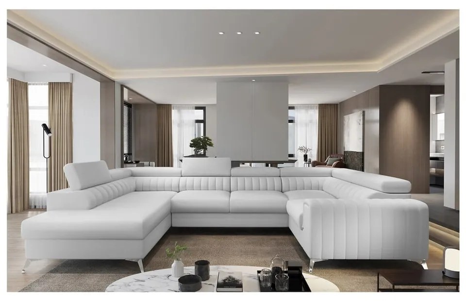 Divano angolare bianco allungabile/con contenitore (con penisola a sinistra/a U) e rivestimento in finta pelle Louis – ELTAP