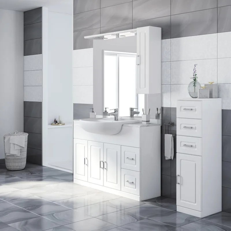 Mobile sottolavabo e lavabo con illuminazione Paola per vasca centrale bianco L 121 x H 184 x P 33.5 cm, 3 ante 2 cassetti