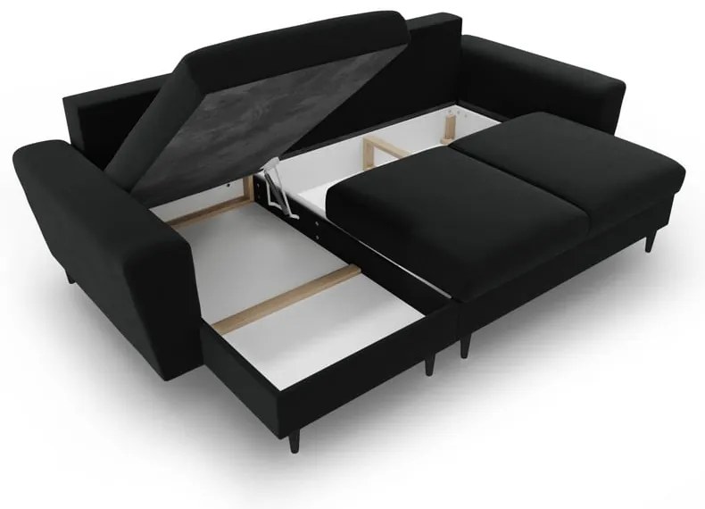 Divano angolare nero allungabile e con contenitore con rivestimento in velluto Kyoto – Cosmopolitan Design