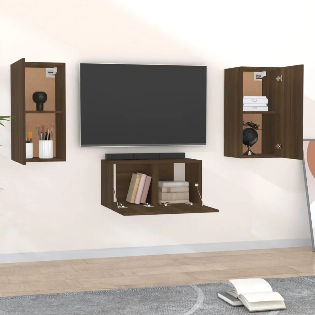 Set mobili porta tv 3 pz rovere marrone in legno multistrato