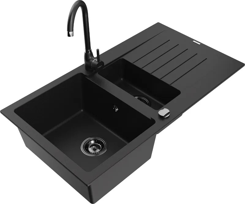 Mexen Matias lavello in granito 1,5 vasca con scolapiatti e rubinetto da cucina Telma, nero - 6502-77-670200-70-B