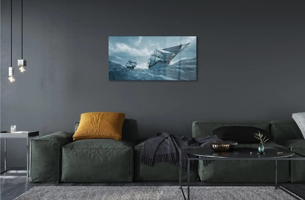 Quadro in vetro Nave tempesta cielo mare 100x50 cm 2 appendini