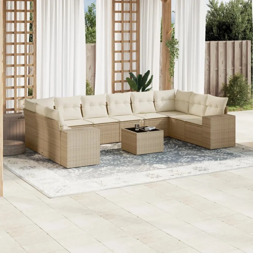 Set Divani da Giardino 11 pz con Cuscini Beige in Polyrattan