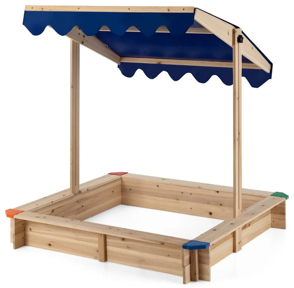 Costway Sabbiera per bambini in legno con tendina regolabile in altezza, Stazione di gioco all'aperto senza fondo 121x121x120cm