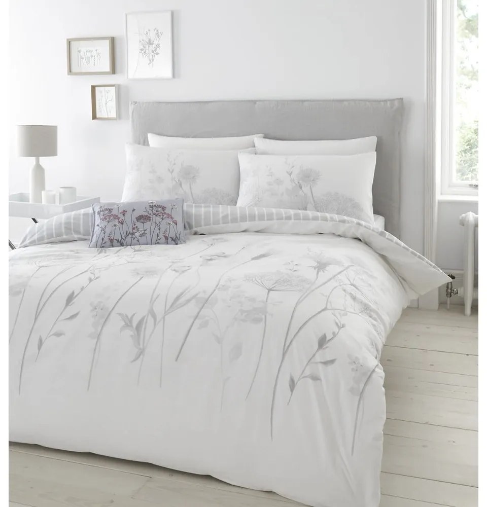 Set copripiumino e federa bianco e grigio per letto matrimoniale e per letto esteso 230x220 cm Meadowsweet Floral – Catherine Lansfield