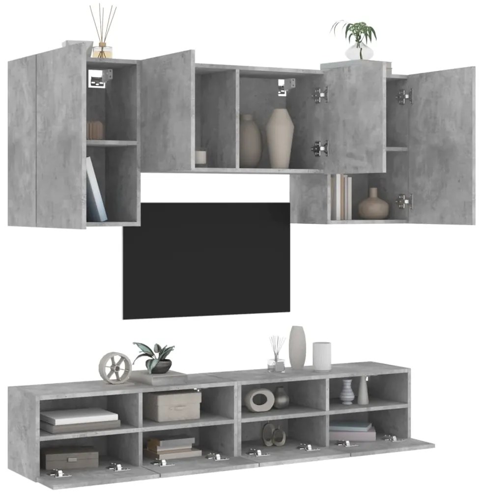 Mobili Tv A Muro Con Led 5pz Grigio Cemento Legno Multistrato /