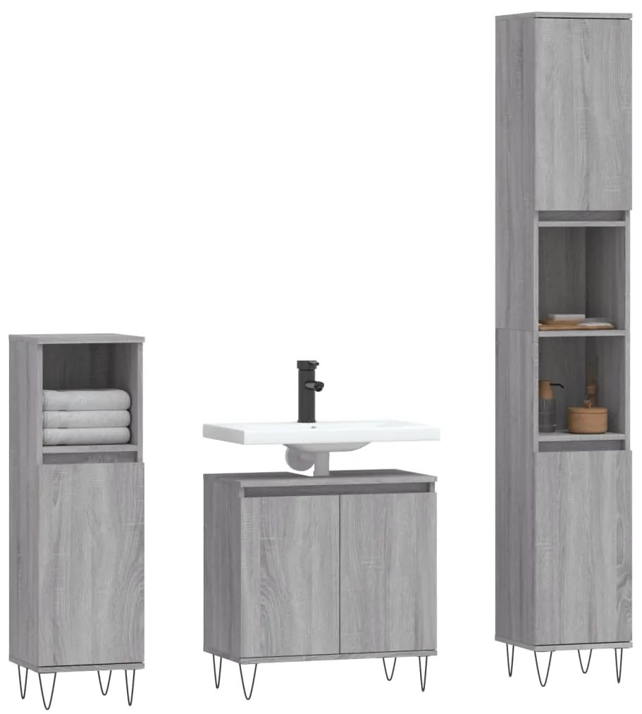 Set mobili da bagno 3 pz grigio sonoma in legno multistrato