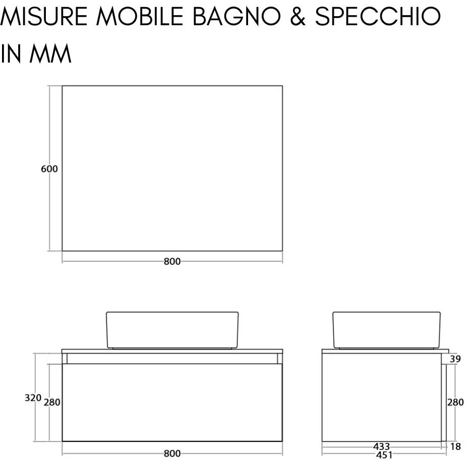 Mobile Bagno Sospeso con Lavabo da Appoggio e Specchio 1 Cassetto Salvaspazio in Legno  80 cm - Rovere di Bordeaux