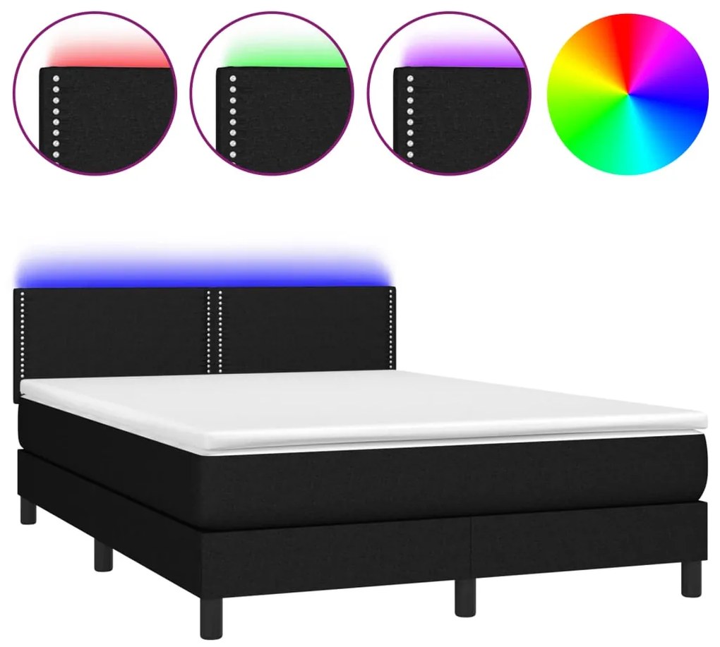 Letto a molle con materasso e led nero 140x190 cm in tessuto