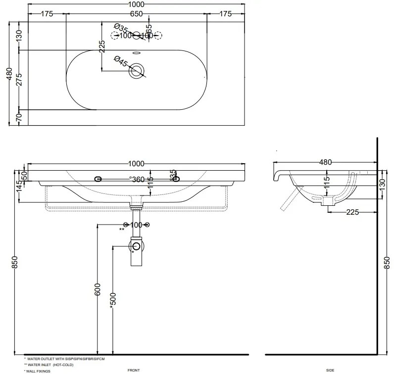 Cielo Fluid Lavabo 100x48 Sospeso Monoforo Con Troppopieno Bianco Lucido