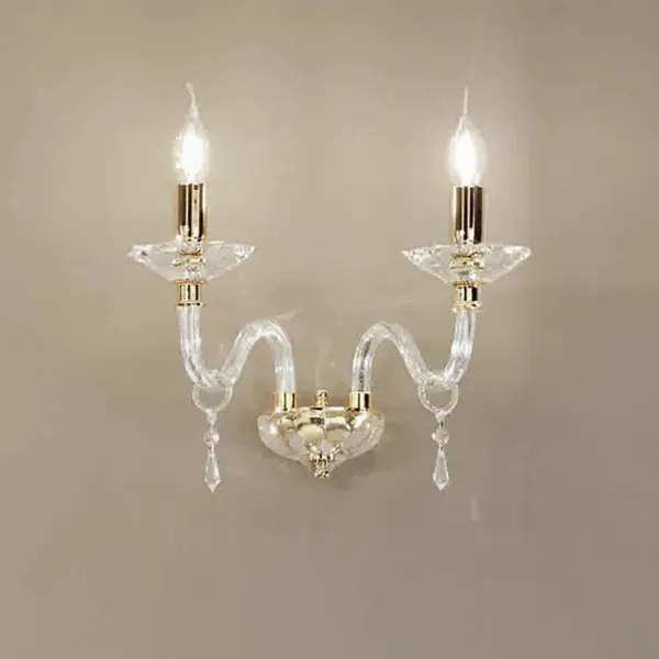 Applique FIAMMA in cristallo e vetro trasparente 38 cm finitura oro 2 Luci
