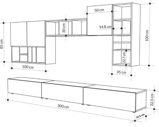 Parete Attrezzata 300 Cm Design Moderno Con Pensili Tortora E Noce Big