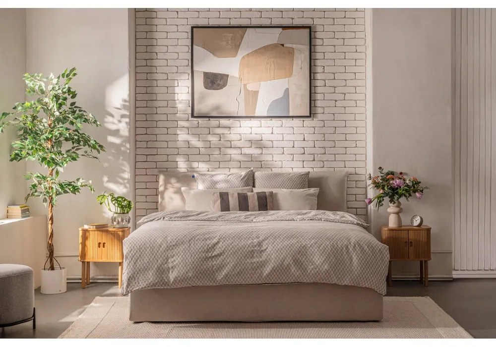 Letto matrimoniale imbottito beige con contenitore, materasso e rete inclusi 160x200 cm Thessa Pillow – Bonami Selection