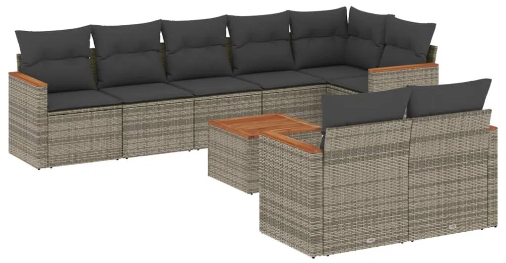 Set divano da giardino 9 pz con cuscini grigio in polyrattan