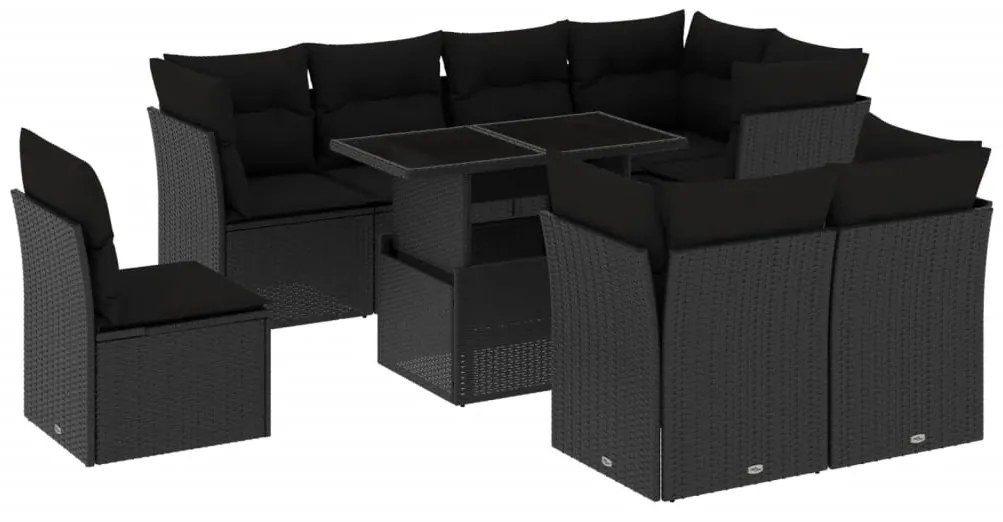 Set divani da giardino 9 pz con cuscini nero in polyrattan