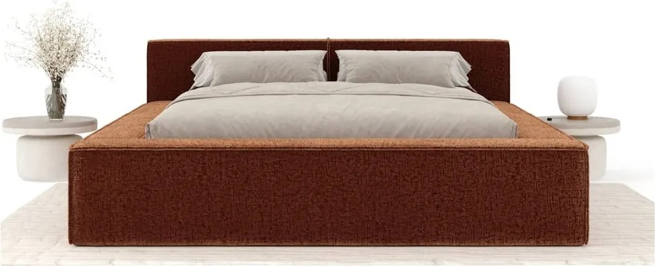 Letto matrimoniale imbottito arancione con contenitore e rete inclusi 140x200 cm Voliera – Maison de Rêve