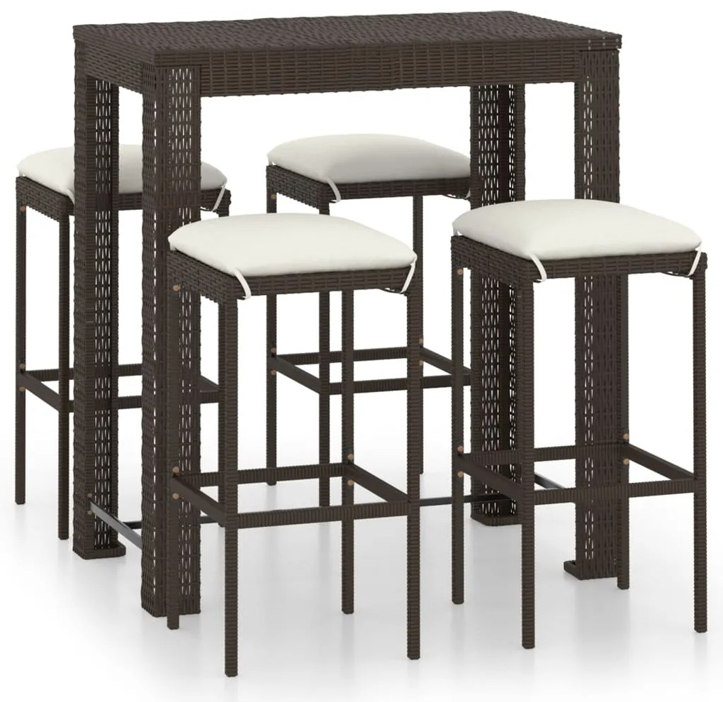 Set da bar da giardino 5 pz con cuscini in polyrattan marrone