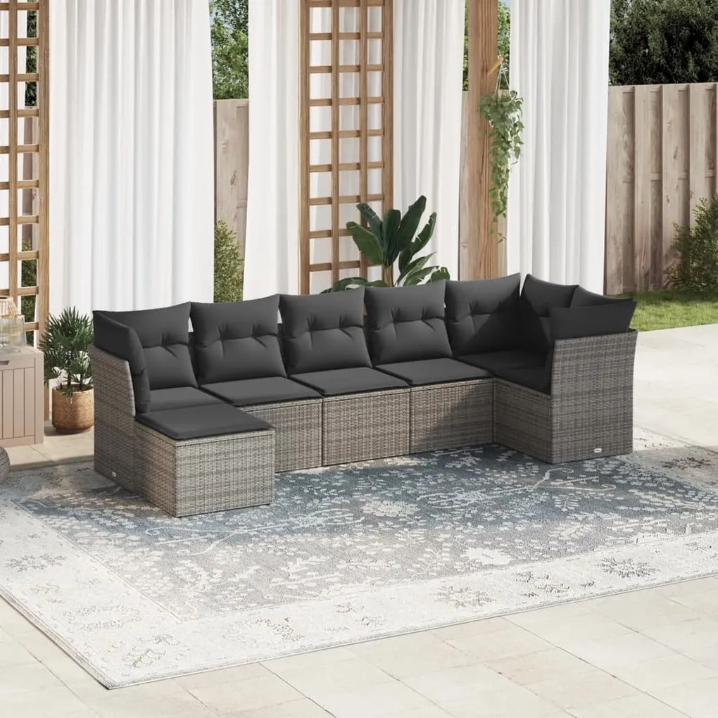 Set Divani da Giardino 7 pz con Cuscini Grigio in Polyrattan