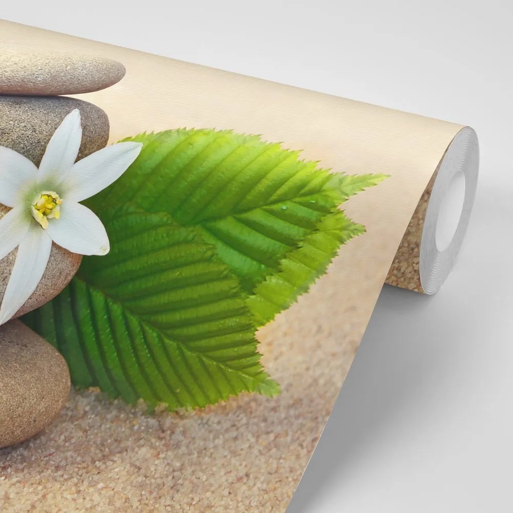 Carta da parati – Fiore bianco e pietre nella sabbia