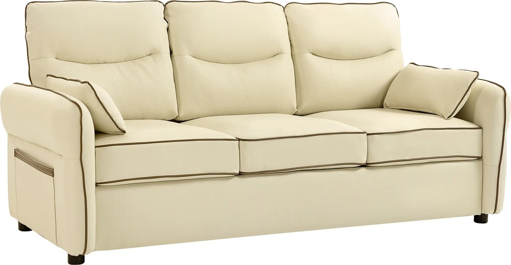 Divano 3 Posti 190x83x90 cm con Imbottitura Spessa Tasca Laterale e 2 Cuscini in Finta Pelle Beige...