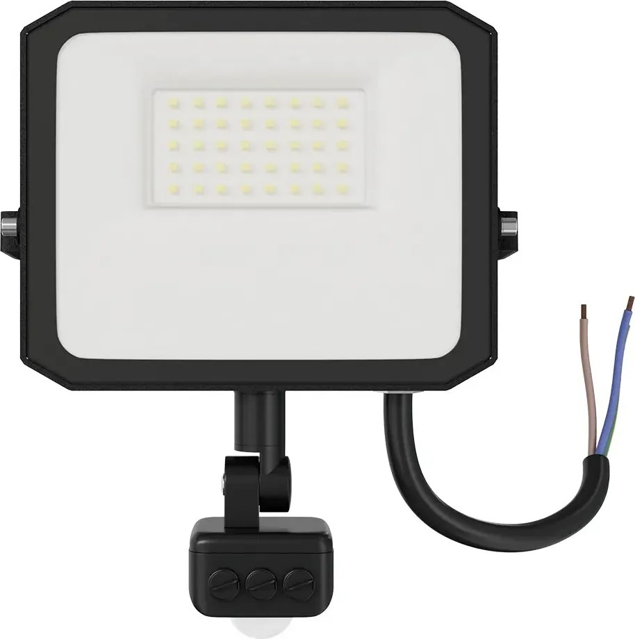 Faro LED 30W IP65 Nero con Sensore di Movimento e OSRAM chip LED Colore Bianco Caldo 3.000K
