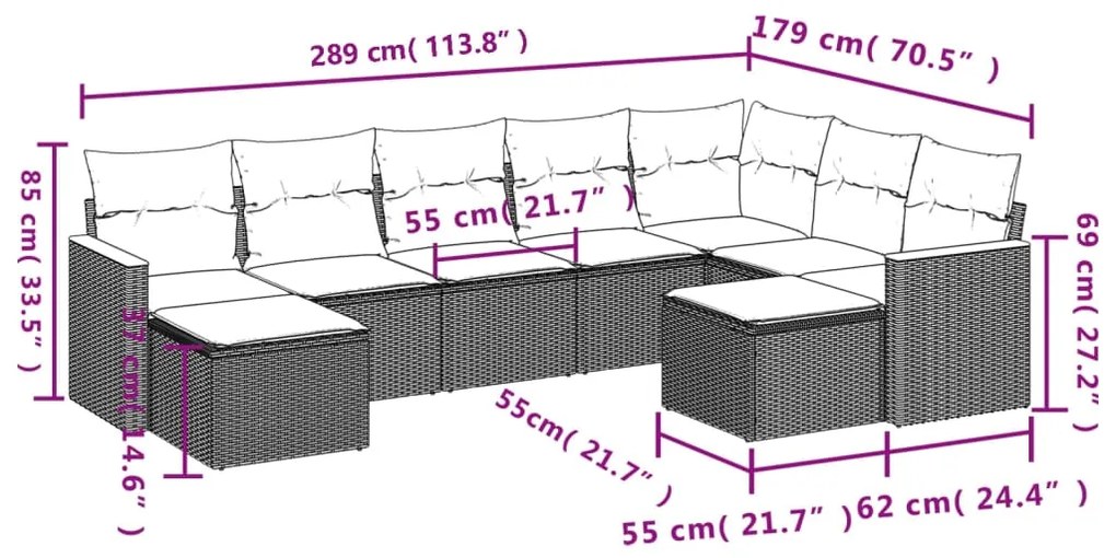 Set divano da giardino 9 pz con cuscini beige in polyrattan