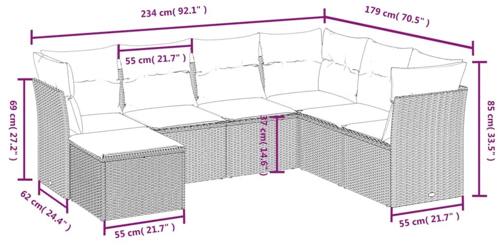 Set divani da giardino 7pz con cuscini grigio chiaro polyrattan