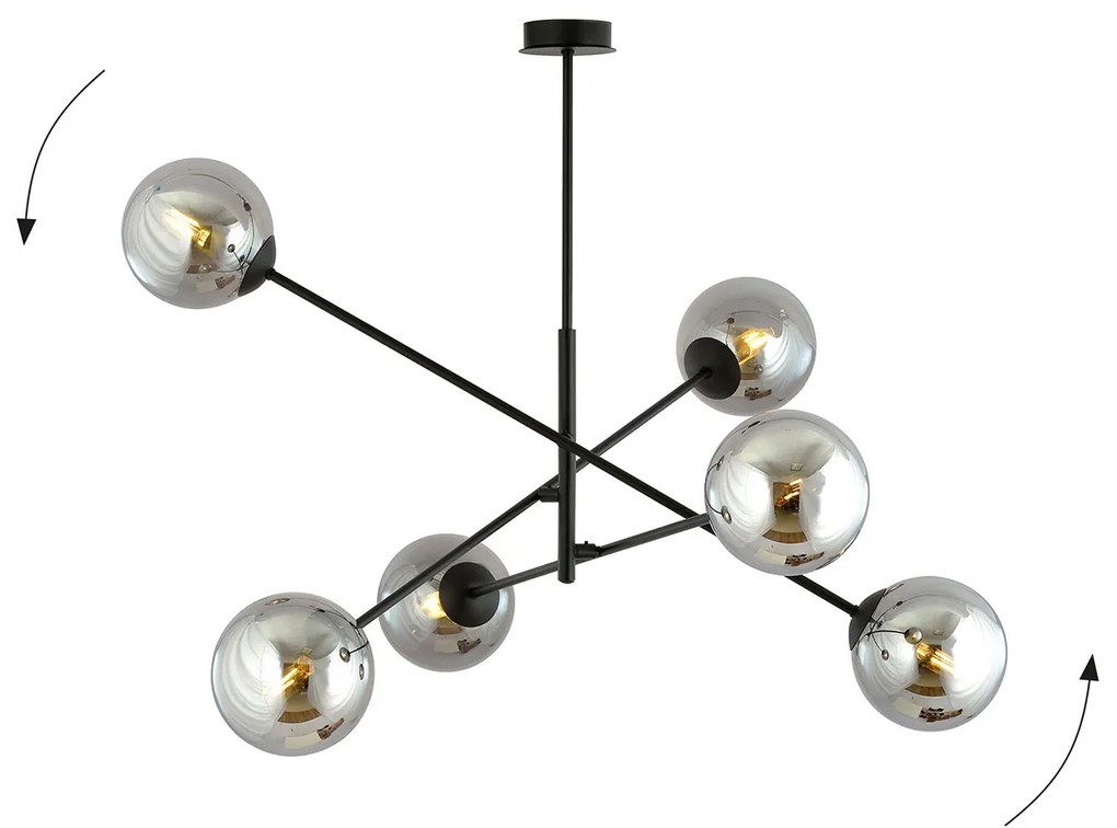 Lampadario 6 Luci Yama In Acciao Nero Con Bracci Regolabili E Vetro Fumè