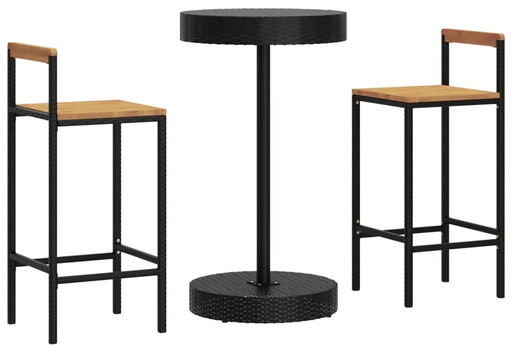 Set bar giardino 3 pz nero polyrattan e legno massello acacia