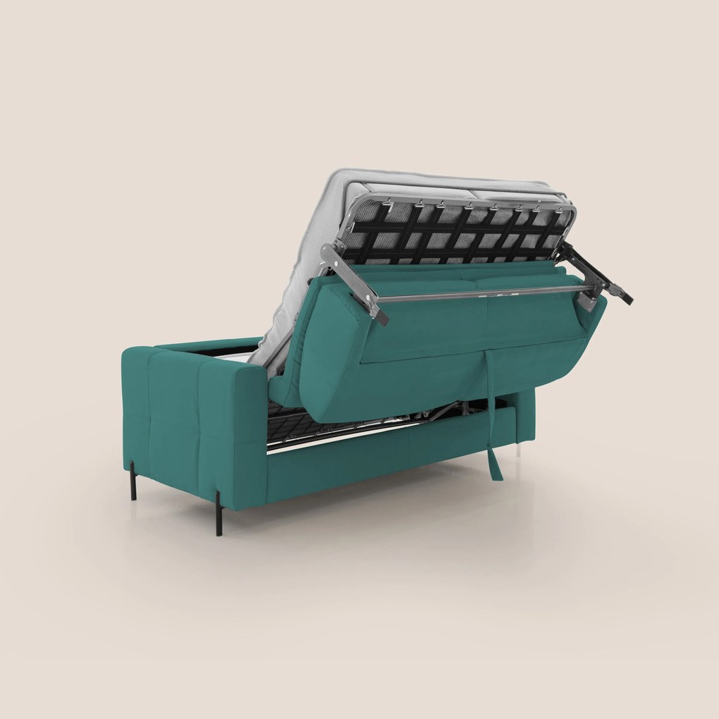 Ortensia divano letto materasso H18 cm con piedi alti in elegante microfibra smacchiabile T11 petrolio