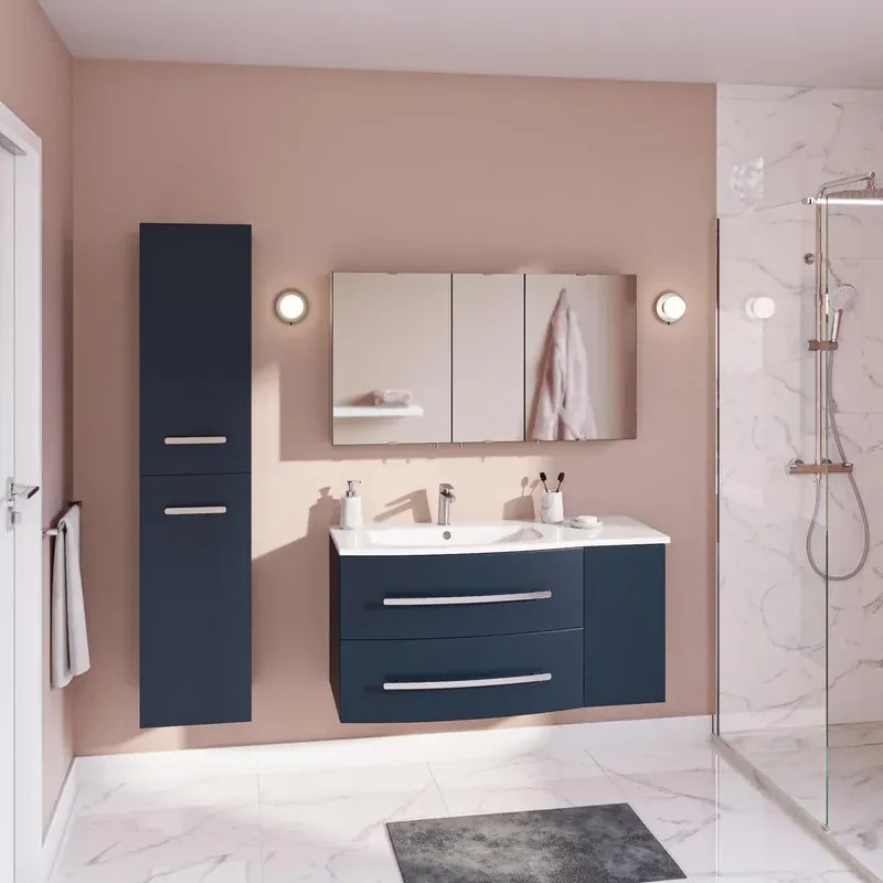 Mobile sottolavabo e lavabo Perla per vasca a sinistra blu opaco L 111 x H 53.7 x P 47.5 cm, 1 anta 2 cassetti