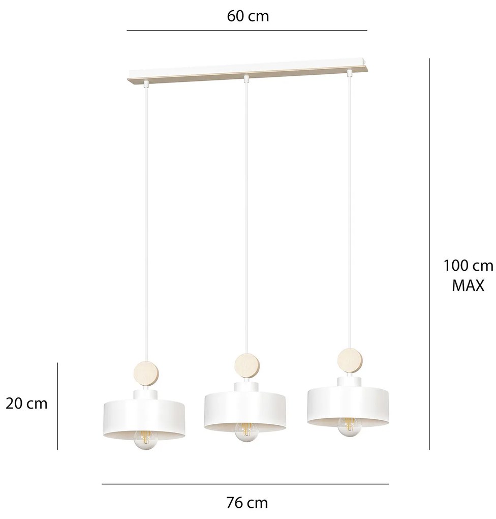 Lampadario 3 Luci Zhurong In Acciaio Bianco E Paralumi Con Legno Naturale