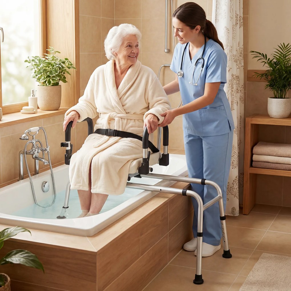 Costway Sedia doccia altezza regolabile maniglia reversibile, Schienale comodo cintura di siurezza portasoffione antiscivolo Argento