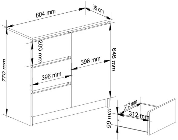 Cassettiera Credenza 80 Cm 3 Cassetti 1 Anta Artika Rovere E Bianco