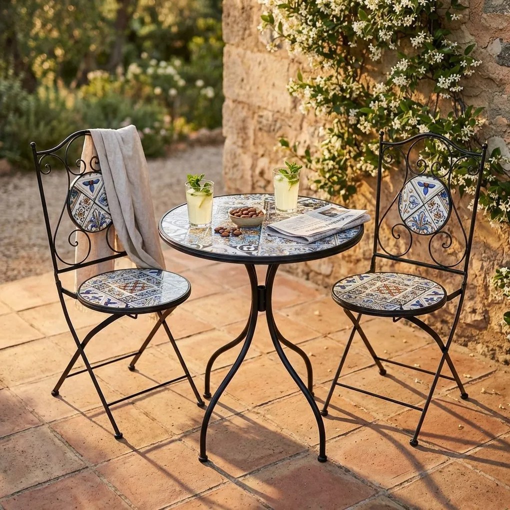 SILVES - set due sedie pieghevoli e tavolo rotondo con decori