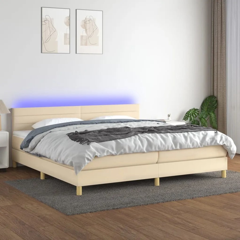 Letto a molle materasso e led bianco 200x200cm in tessuto