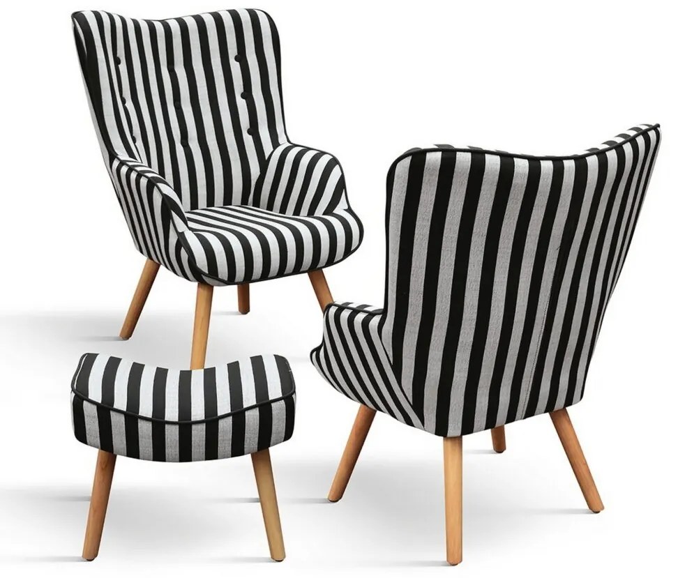 Poltrona HAVANA in tessuto a righe bianco e nero e gambe in legno, con poggiapiedi